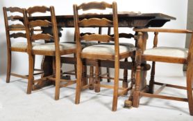 An early 20th century Maple & Co Jacobean revival oak refectory dining room suite comprising long