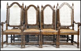 An early 20th century set of 8 Carolean revival mahogany rocking chair / armchair raised on barley