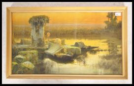 After Enrique Serra. A 20th century retro lake scene print with ruins etc in the Roma style being