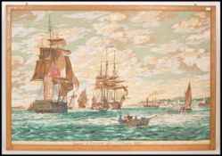 A large mid century print on fabric depicting ' Indiamen at Gravesend ' The tall ships print with