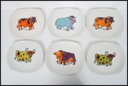 A set of 6 1970's English Ironstone, Beefeater steak and grill plates depicting bulls in different