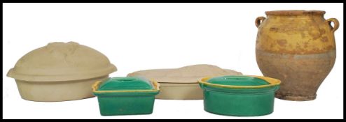 A collection of vintage kitchenalia to include large stoneware fish cooking tureen, 2 majolica