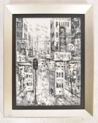 A good 20th century Japanese oil on board gouache painting of a busy street scene with buildings,