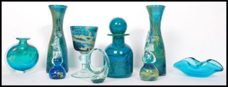 A collection of retro 20th century Mdina glass to include a pair of vases, chess piece knight