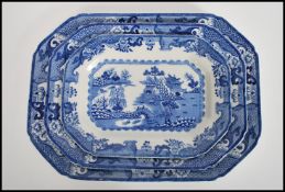 A set of three graduating Victorian Masons Patent Ironstone blue and white meat platters