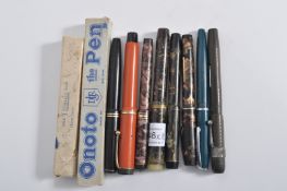 A cololection of vintage 20th century fountain pens to include a Onoto de La Rue ' the pen ', a