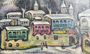 A mid century oil on board painting of a Eastern European / Russian village scene. The colourful