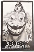 Alan Aldridge London promotional poster, London Come Wearing Just A Smile, black & white printed