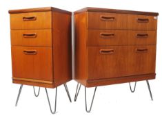 A 1970's G-Plan  teak wood combination 2 part chest of drawers each raised on hairpin legs. Both