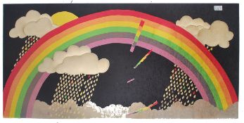 A retro 1970's 3D screen print depicting rainbows,