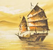 A mid century retro oil on canvas painting of a Chinese junk painting at sunset by Jonathan Hall.
