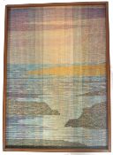 A retro  mid century handwoven abstract fabric panel depicting an Hawaiian seascape. Set within a