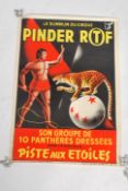 An original rare vintage French circus advertising poster featuring a cheetah on white ball and