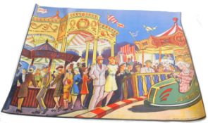A mid century original lithographic travel show poster depicting a fairground with stalls and