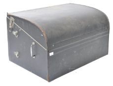 An early 20th century vintage car motoring hamper trunk. The shape black vinyl covered trunk with