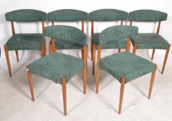 A good set of 6 1970's retro teak wood dining chairs in the manner of Kofod Larsen. Raised on turned