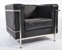 A good late 20th century large Le Corbusier LC2 moderrnist black leather club armchair having a good
