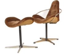 A retro 1960's chrome and velour upholstered swivel low armchair and ottoman stool. The unusual