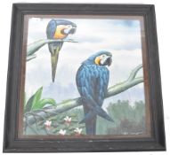 A 20th century oil on canvas painting of African parrots being set to within an ebonised frame and