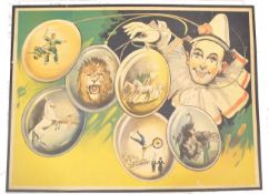 A mid century original lithographic travel show poster depicting a clown with bauballs each having