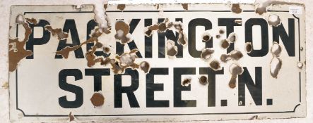A vintage early 20th century enamel road / street sign for Packington Street N. ( Islington,