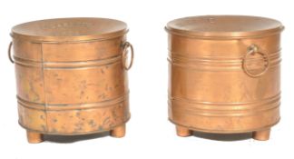 A pair of early 20th century vintage copper ' Cigarette Ends ' bins. Each of cylindrical form with
