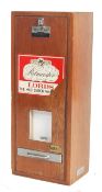 A mid century mahogany shop pub club cigar dispenser of rectangular form with wall mounting having