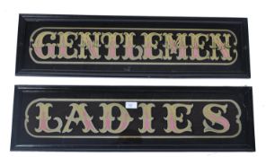 A pair of fabulous mid century mirror glass framed signs ' Ladies & Gentleman ' Each sign in