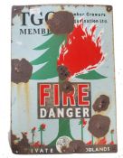 A vintage 20th century Industrial enamel Timbers Growers Organisation fire danger sign depicting a