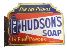 An early 20th century Industrial rare Hudson`s Soap square double sided enamel sign by Imperial.