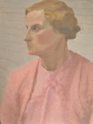 An early 20th century oil on canvas portrait study of a lady in period pink dress of the time. The