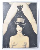 John Holmes - An original  surreal mixed media on board of a semi naked female in gents cabaret
