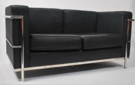 After Le Corbusier - An 'LC2 ' type black leather and chrome 2 seat sofa settee. The polished chrome