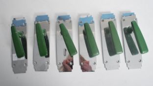 A set of 1930's Art Deco door handles. The polished chrome back plates each adorned with green