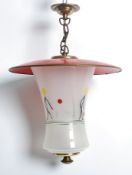 A vintage 1950's mid century hanging lantern. The frosted glass shade decorated with matchstick