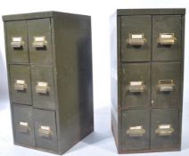 A rare pair of mid century Industrial military British green metal filing cabinets. Each of pedestal