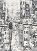 A good 20th century Japanese oil on board gouache painting of a busy street scene with buildings,