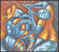 A vintage 20th century retro - unusual abstract oil on canvas folk art painting of two musicians