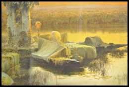 After Enrique Serra. A 20th century retro lake scene print with ruins etc in the Roma style being