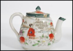 A 19th century Oriental Chinese porcelain tea pot depicting domestic scenes with shaped handle and