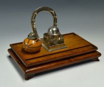 Victorian Ink Stand with Horseshoe Motif a wooden stand with removable square glass inkwell and