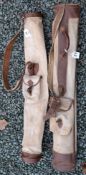 2x leather and canvas pencil golf club bags, each with a ball pocket and original leather straps (