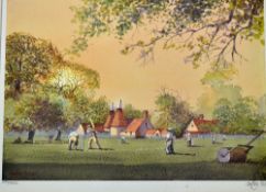 Geoffrey Hall Signed Cricket Scene Colour Print limited edition 283/850, a fine village cricket
