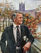 Basil D'Olveira Oil Painting by Hilary J. Baker signed HB dated 1998, oil on board depicts a smartly