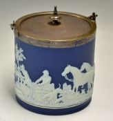 Fox hunting- fine Wedgwood blue and white biscuit barrel with 19thc hunting scenes in relief c/w