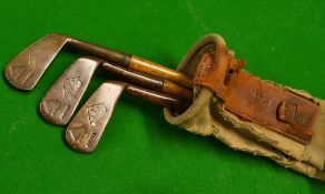 J. B Halley Pyramid mark original Childs brass head clubs to incl mashie and 2x putters c/w canvas