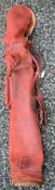 Full red leather pencil golf club bag c/w travel hood, ball pocket, the original matching leather