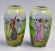 Small Ceramic Vases depicting Tennis and Golfing scenes respectively 1x cracked and repaired