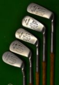 Fine set of 5 x Tom Stewart Smith's Patent anti-shank irons - stamped R Claridge comprising of 2,
