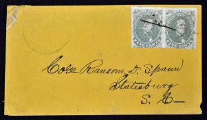 Confederate States of America Scarce Pair of Early 5 Cents Stamps (Pen cancelled) green stamps